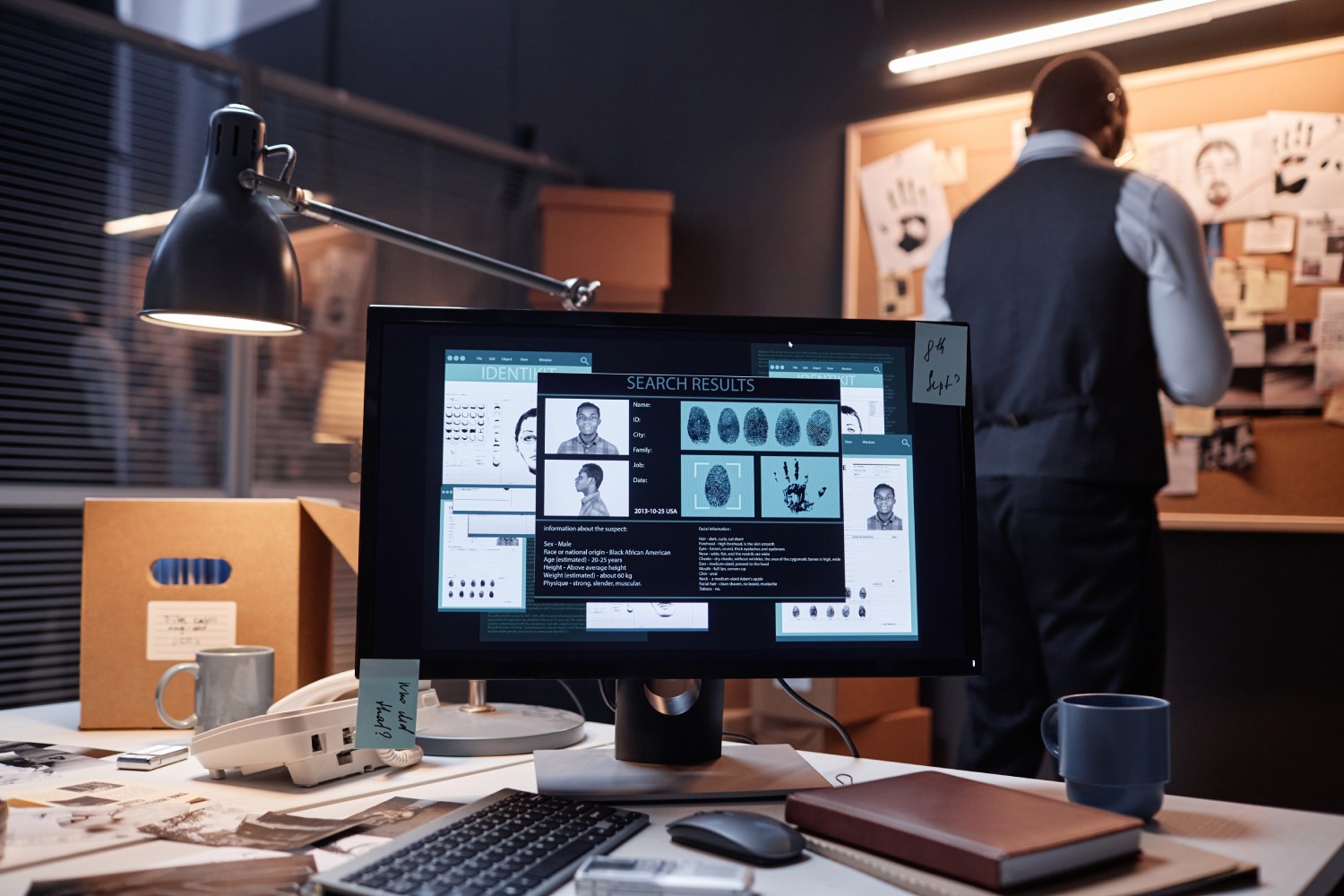 Detective office scene with a computer displaying fingerprint and mugshot results. A detective stands nearby examining a corkboard. Mood: investigative, focused.